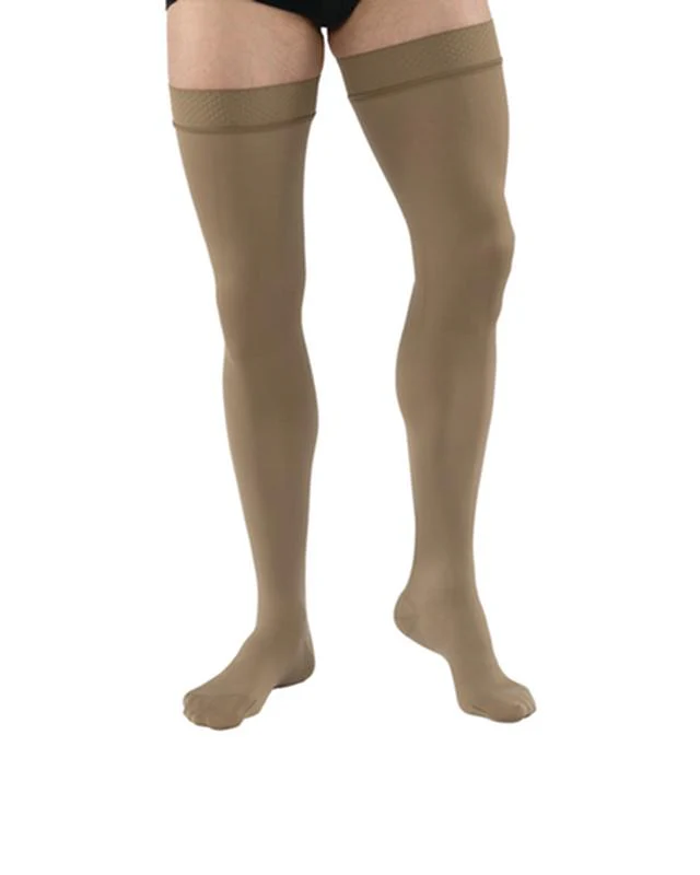 PR/1 JOBST MEDICAL LEG WEAR, MEN, RIBBED, THIGH HIGH W/SIL DOT BAND, 20-30MMHG, LG, KHAKI, CLOSED TOE