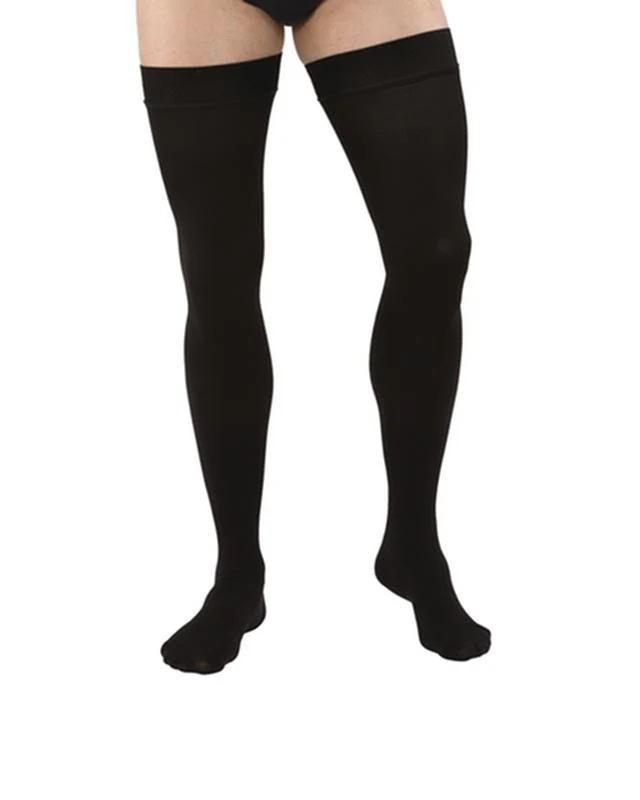 PR/1 JOBST MEDICAL LEG WEAR, MEN, RIBBED, THIGH HIGH W/SIL DOT BAND, 20-30MMHG, SM, BLACK, CLOSED TOE