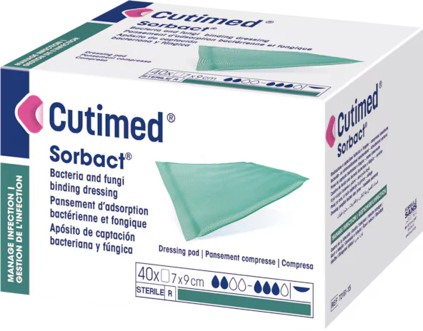 BX/40 CUTIMED SORBACT ANTIMICROBIAL PAD W/BACTERIA BINDING ACTION 7CM X 9CM