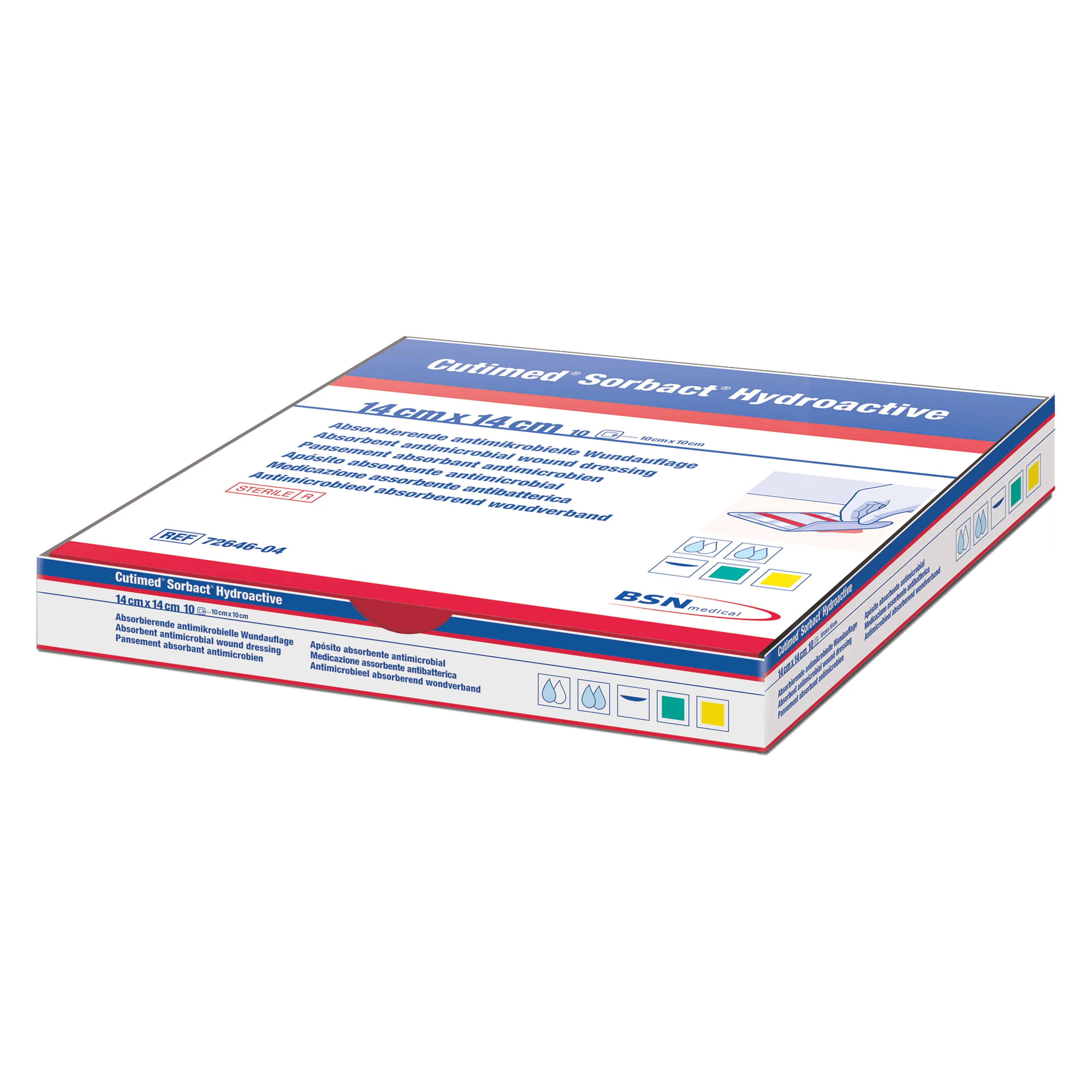 BX/10 CUTIMED SORBACT HYDROACTIVE ANTIMICROBIAL DRESSING 14CM X 14CM (PAD 10CM X 10CM)